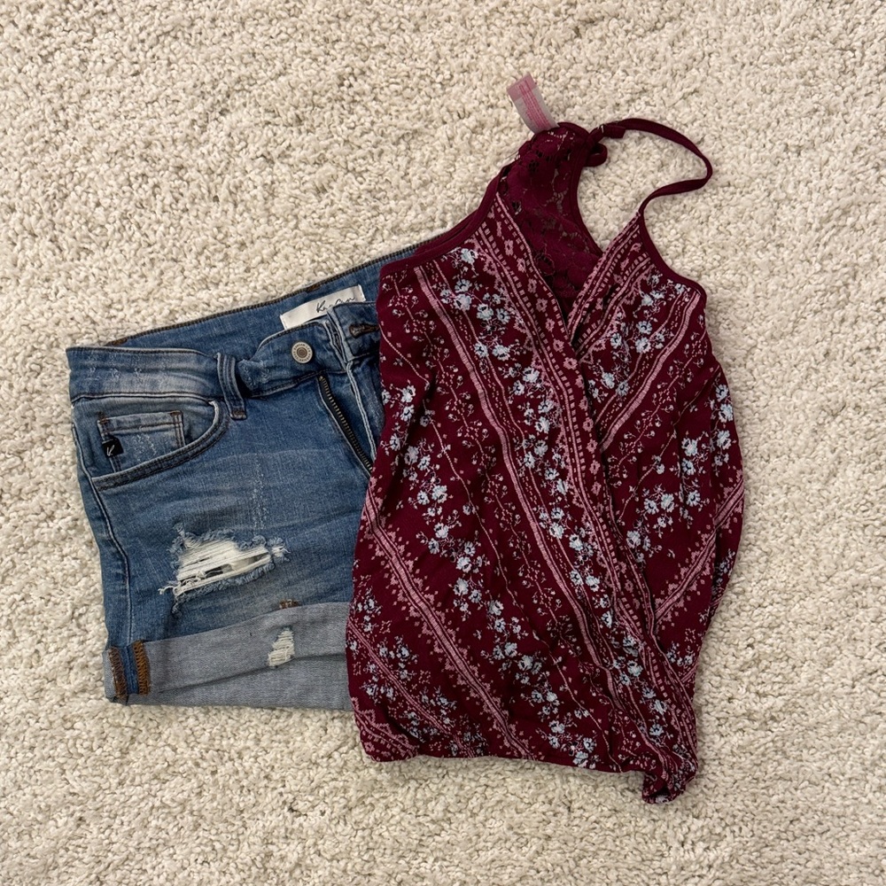 Floral Burgundy Halter Top and Distressed Jean Shorts
